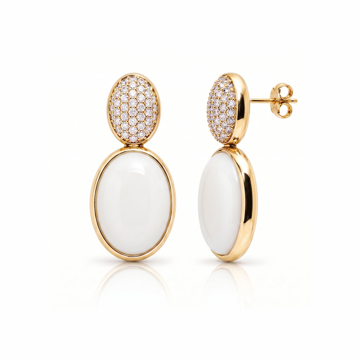 Orecchini Ritratto con agata bianca e pavé di diamanti in argento 925 placcato oro 18K – Les Lulú